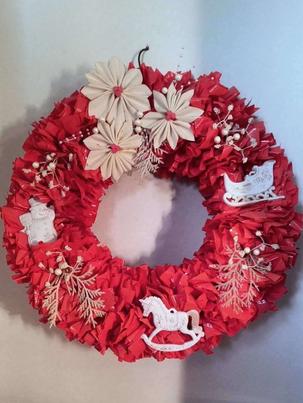 Festive Red Christmas Wreath with White Festive Ornaments Handmade B2